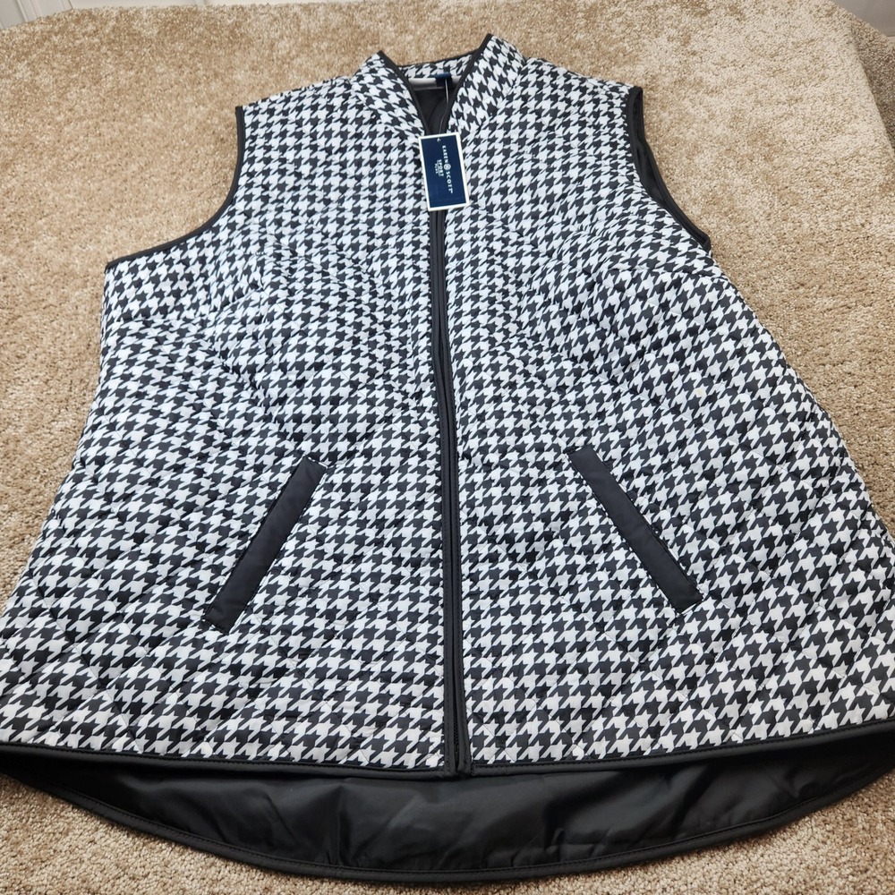 Karen Scott Sport Plus Size 0X Houndstooth Quilted Vest Eggshell Black